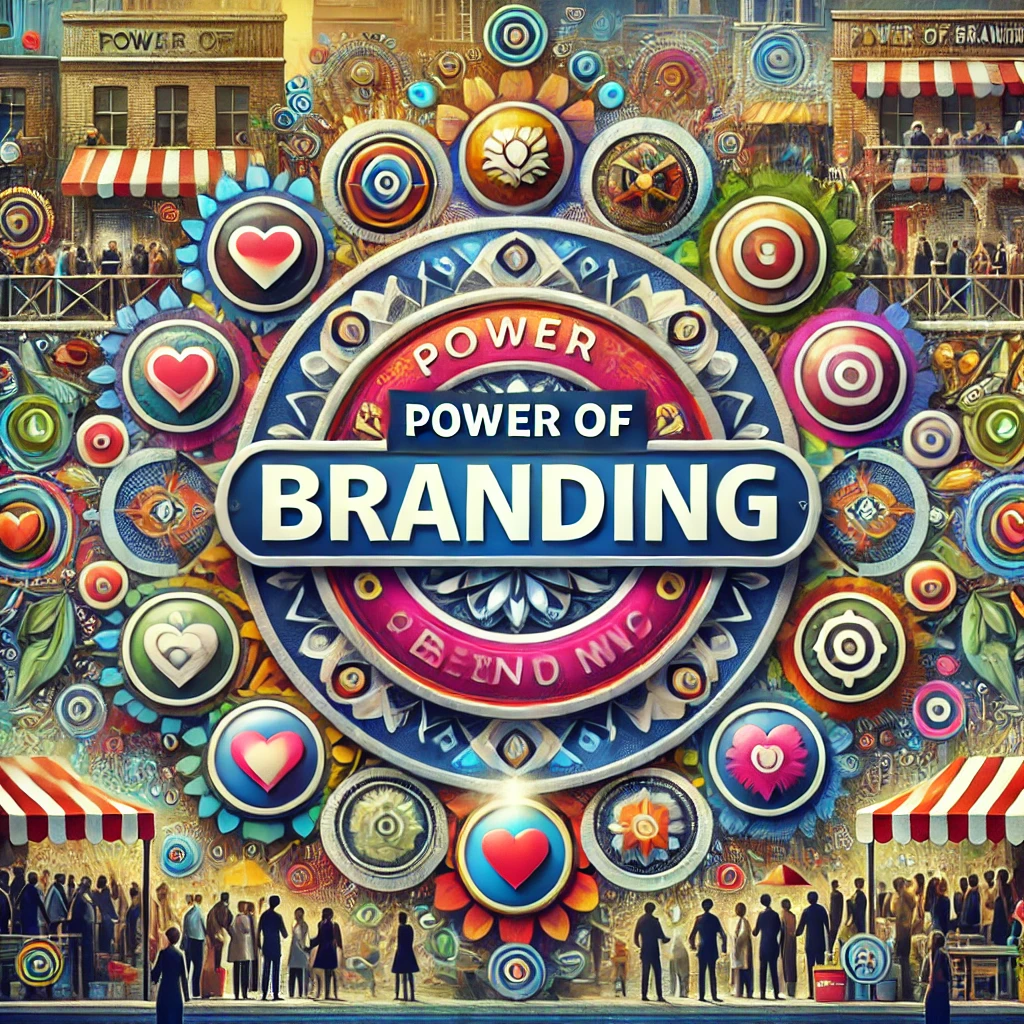DALL·E 2024-09-14 21.58.27 - A refined visual representation of the power of branding, featuring a central logo with the corrected text 'Power of Branding'. The logo is surrounded
