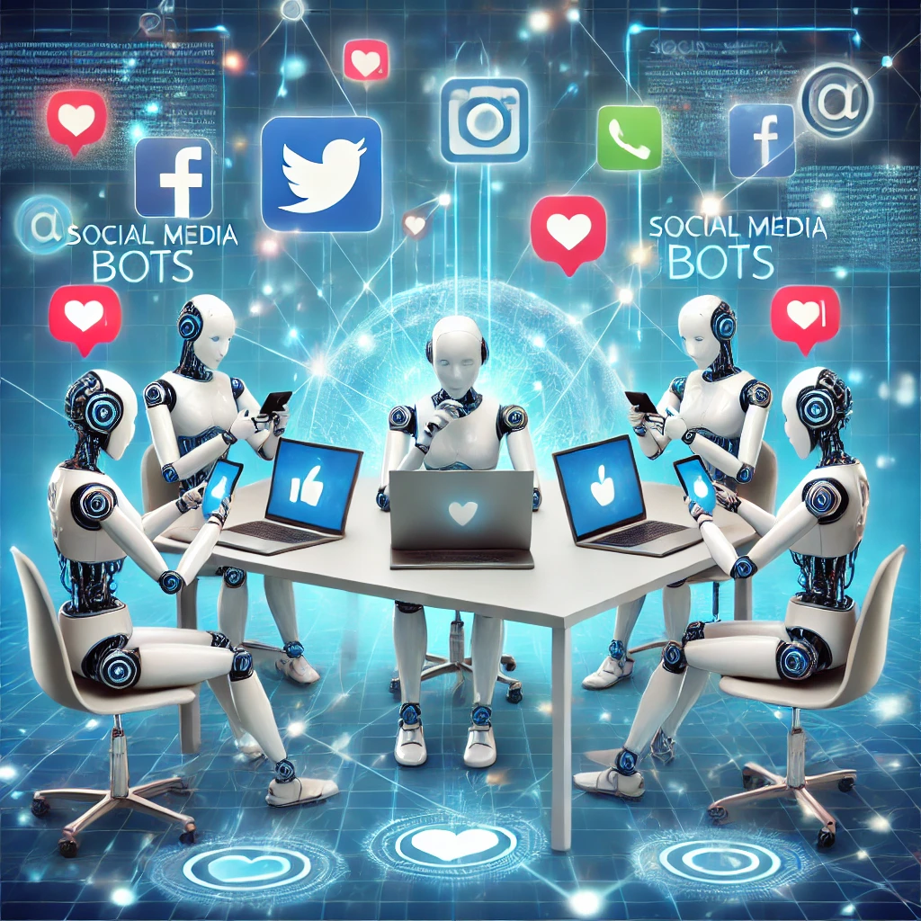 DALL·E 2024-10-13 17.52.31 - A conceptual illustration showing social media bots in action. Depict multiple robotic figures interacting with smartphones, laptops, and social media