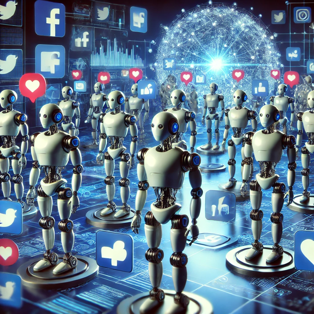 DALL·E 2024-10-13 17.53.28 - A futuristic scene featuring multiple robotic figures representing social media bots interacting with digital platforms like Twitter, Instagram, and F