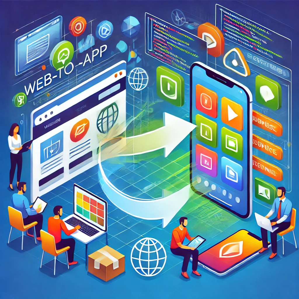 DALL·E 2024-09-10 14.11.16 - A vibrant image illustrating a web-to-app conversion service. Show a transformation where a website is morphing into a mobile app, with a browser wind