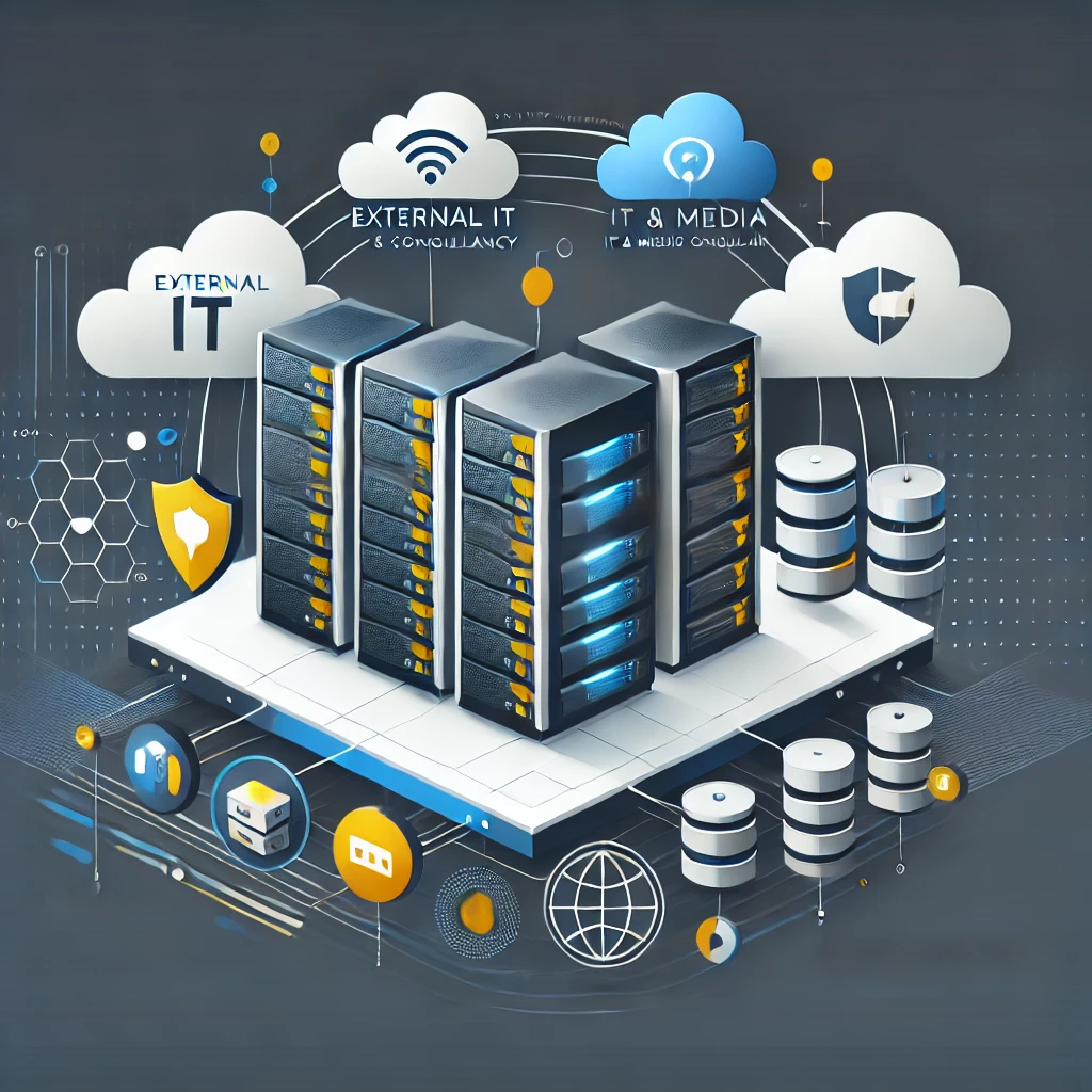 DALL·E 2024-09-10 14.57.15 - A sleek and professional image for a web hosting service by External IT, IT & Media Consultancy. The design should incorporate cloud hosting and serve